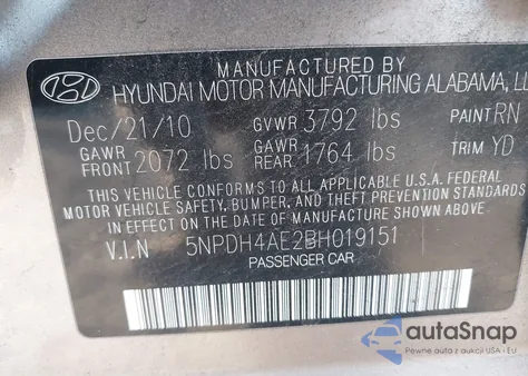 2011 Hyundai Elantra Gls from USA, damaged, VIN 5NPDH4AE2BH019151